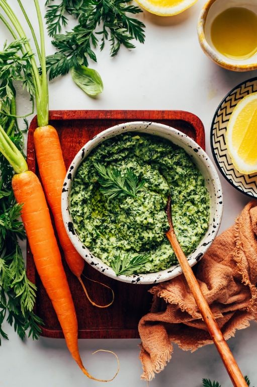 Carrot Top and Pine Nut Vegan Pesto