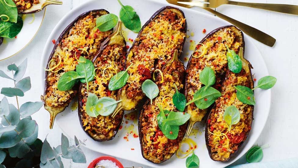 Halloumi and Lentil Stuffed Eggplant