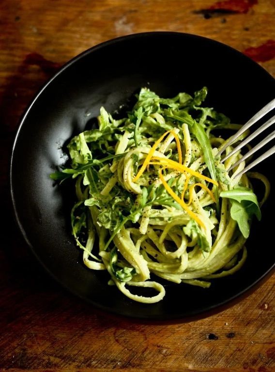 Spaghetti with Avocado Pesto and Arugula