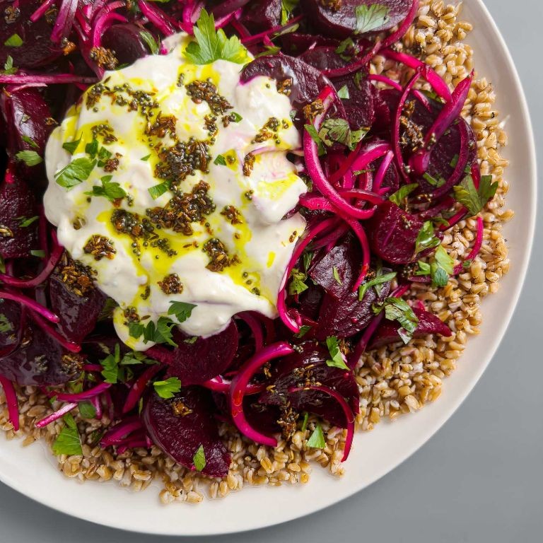 Beet and Farro Salad with Herbed Yogurt Dressing