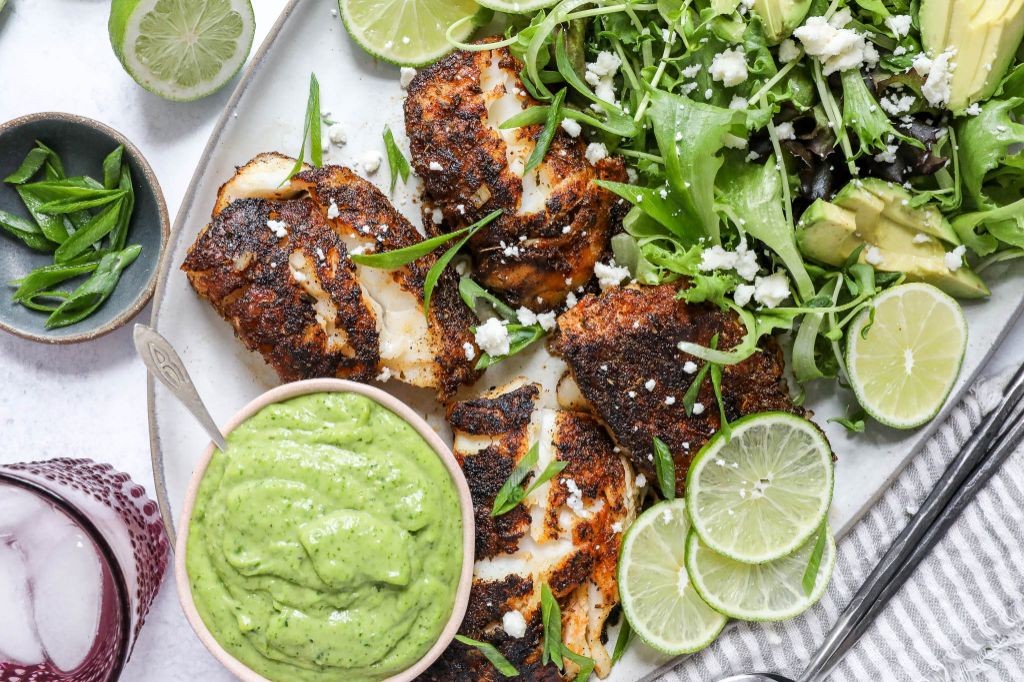 Blackened Fried Cod with Avocado Crema