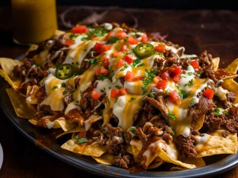 Brisket Nachos with Jalapeños and Cheese