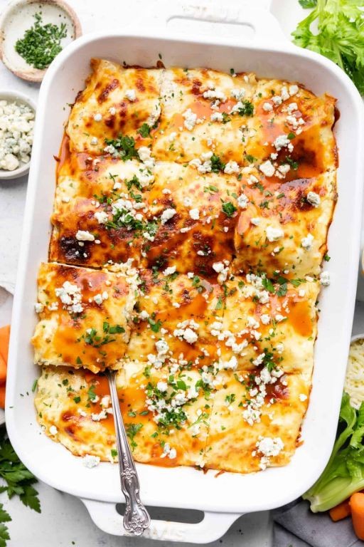 Buffalo Chicken Lasagna with Cottage Cheese and Blue Cheese