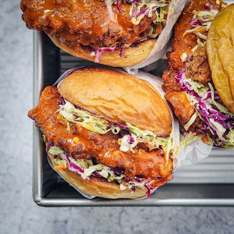 Buffalo Shredded Chicken Sandwich with Blue Cheese Slaw