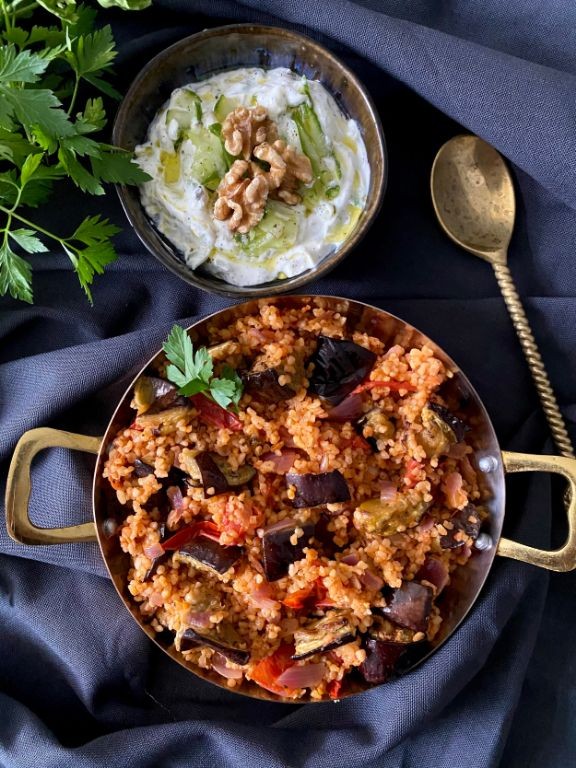 Bulgar Salad with Roasted Eggplant and Yogurt Dressing