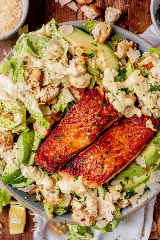 Crispy Salmon Caesar Salad with Homemade Croutons