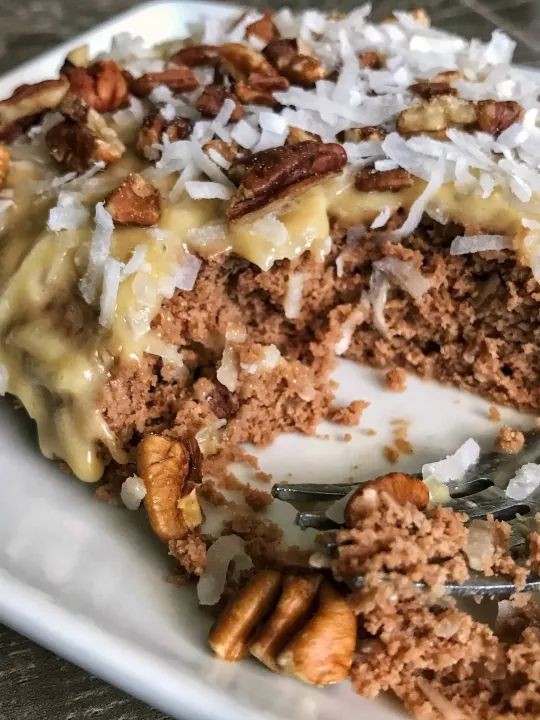 German Chocolate Mug Cake with Coconut Pecan Topping