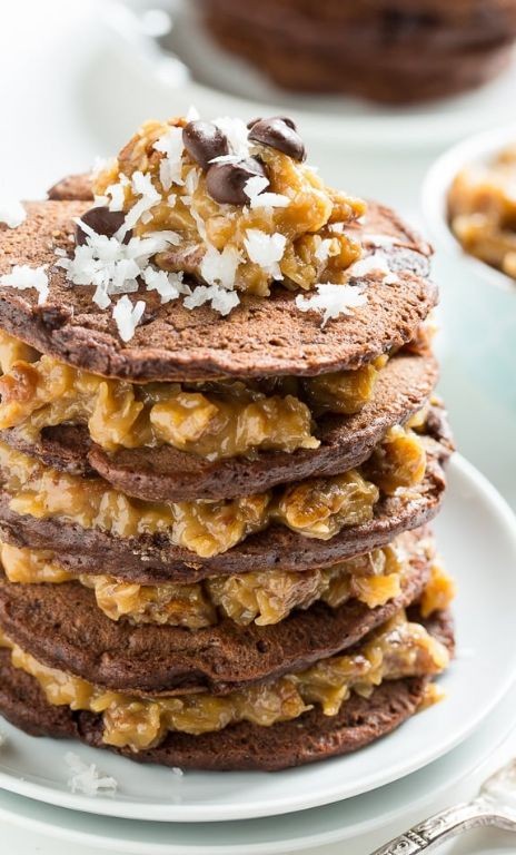 German Chocolate Pancakes with Pecan Syrup