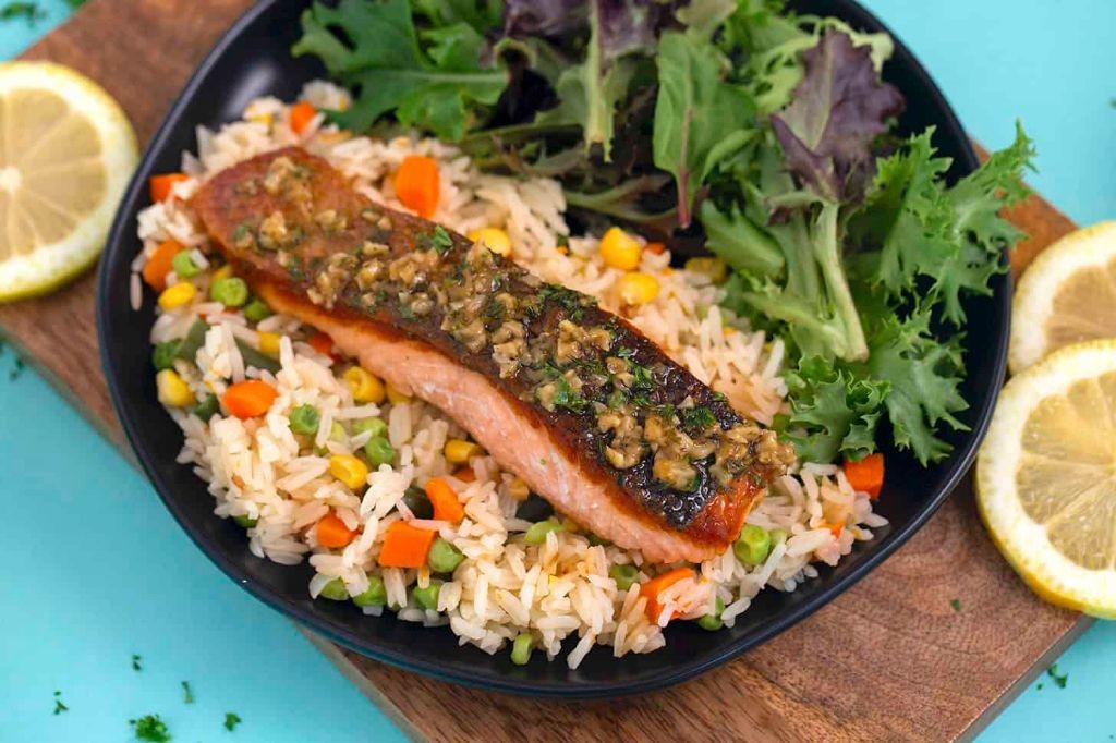 Greek lemon butter salmon with rice pilaf