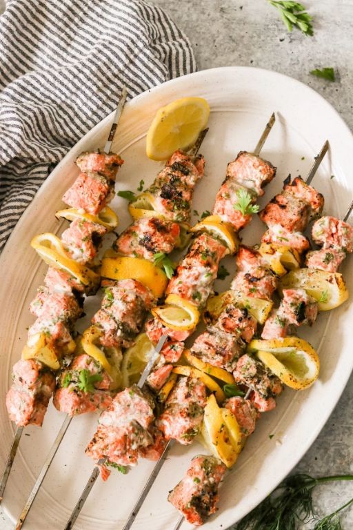 Greek lemon garlic salmon skewers