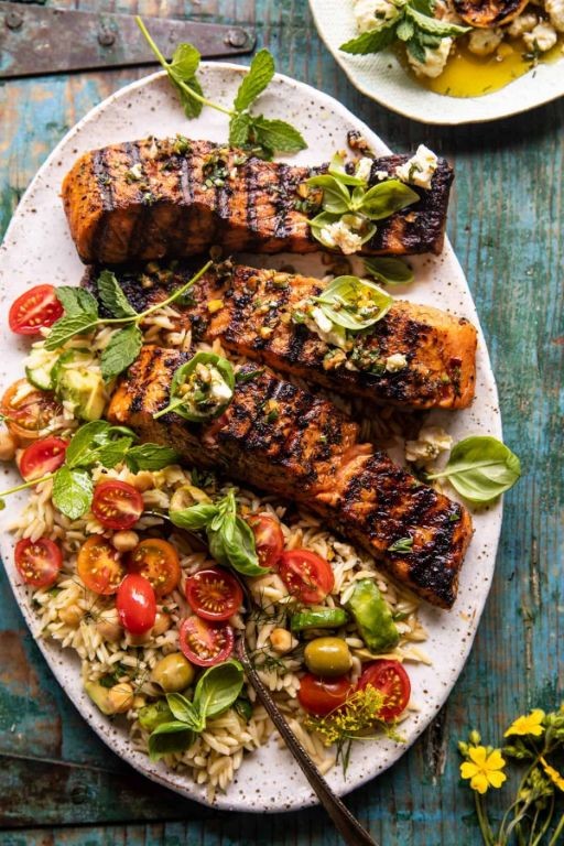 Greek salmon and orzo bake with spinach