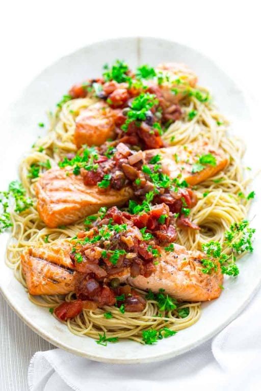 Greek salmon pasta with olives and capers