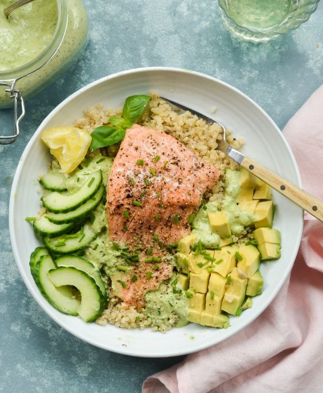 Greek salmon quinoa bowls with cucumber salad