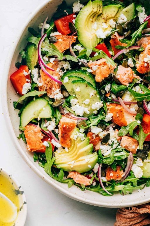 Greek salmon salad with olives and feta