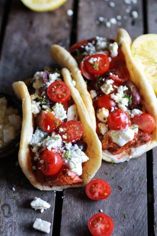 Greek salmon souvlaki with pita and tzatziki