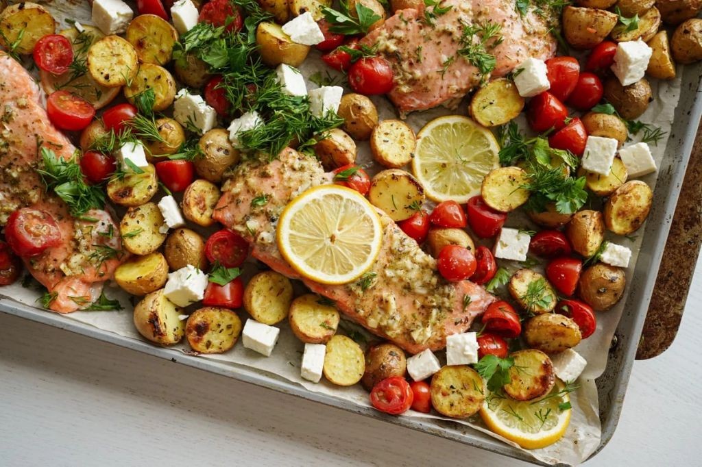 Greek-inspired salmon sheet pan dinner