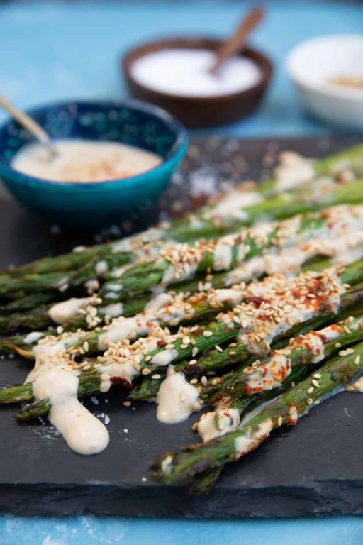 Grilled Shrimp and Asparagus with Tahini Drizzle