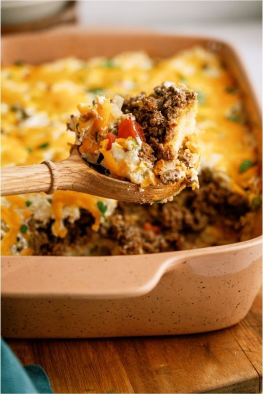 Ground Beef Breakfast Casserole with Biscuits