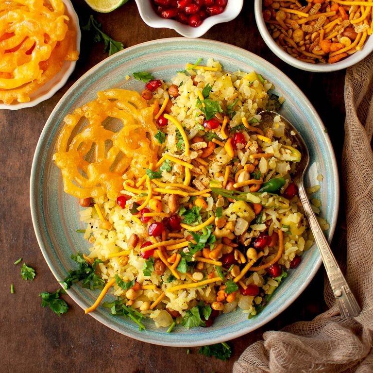 Indori Poha with Sev and Jalebi
