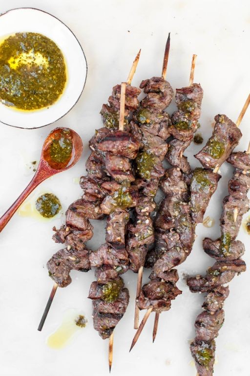 Lamb and bell pepper kabobs with chimichurri