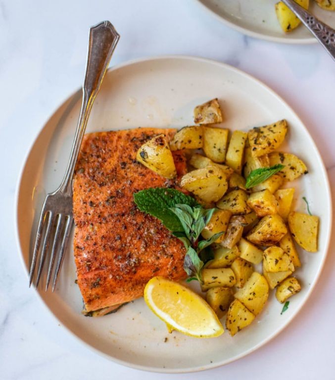 Lemon herb Greek salmon with roasted potatoes