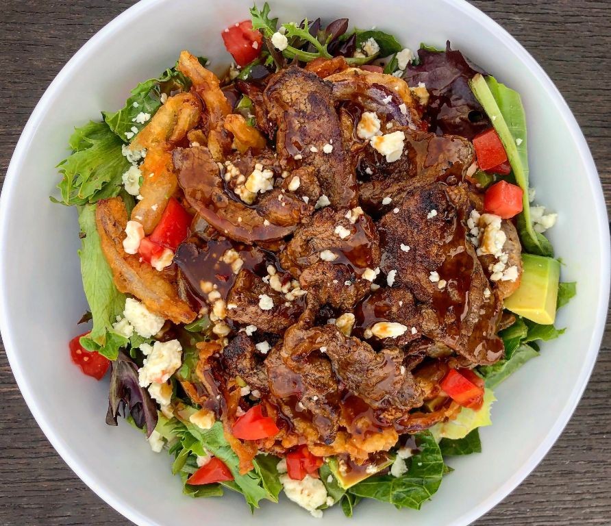 London Broil Salad with Blue Cheese and Crispy Onions