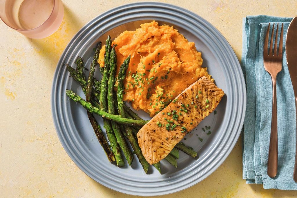 Maple Glazed Crispy Salmon with Sweet Potatoes