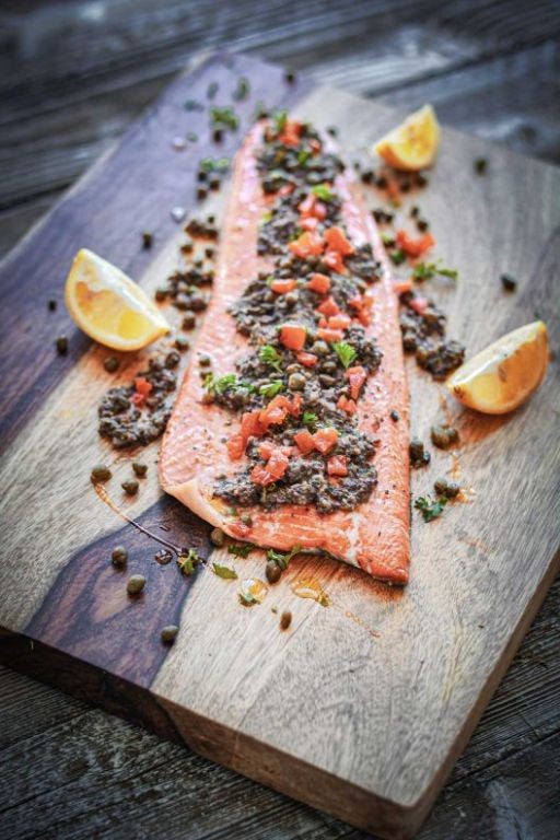 Mediterranean grilled salmon with olive tapenade