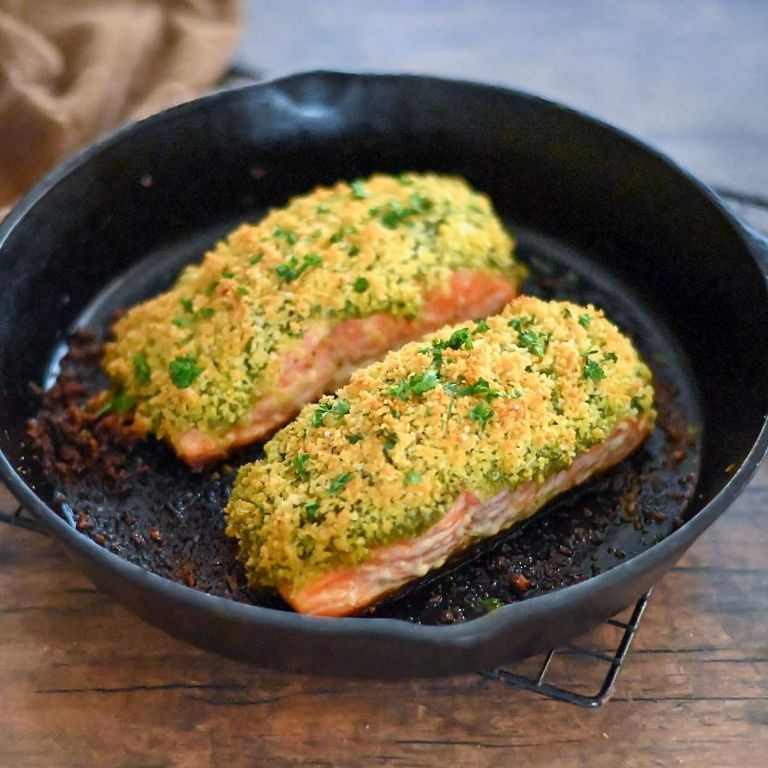 Pesto Crusted Salmon in a Skillet