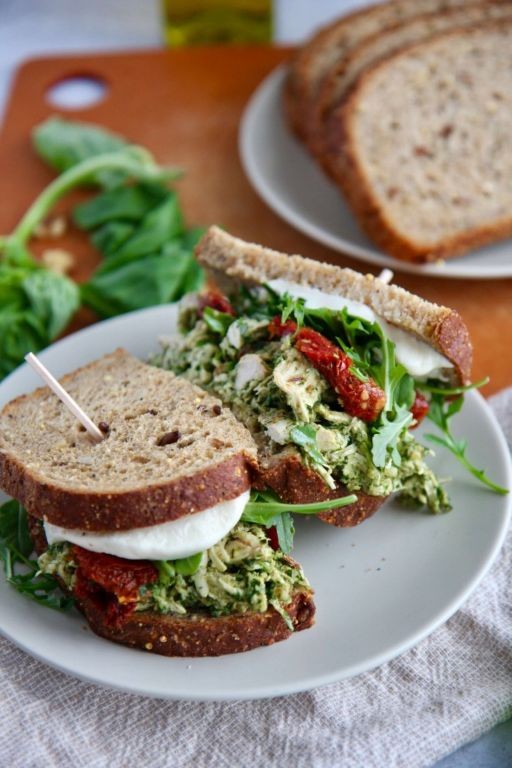 Pesto Shredded Chicken Sandwich with Sun-Dried Tomatoes