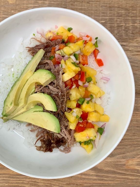 Pork Carnitas Rice Bowl with Pineapple Salsa