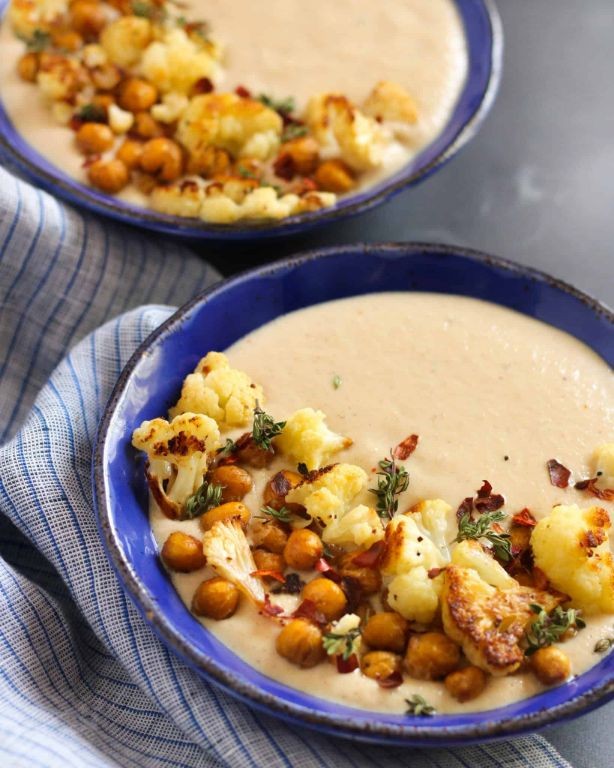 Roasted Cauliflower Chickpea Soup with Crispy Chickpeas