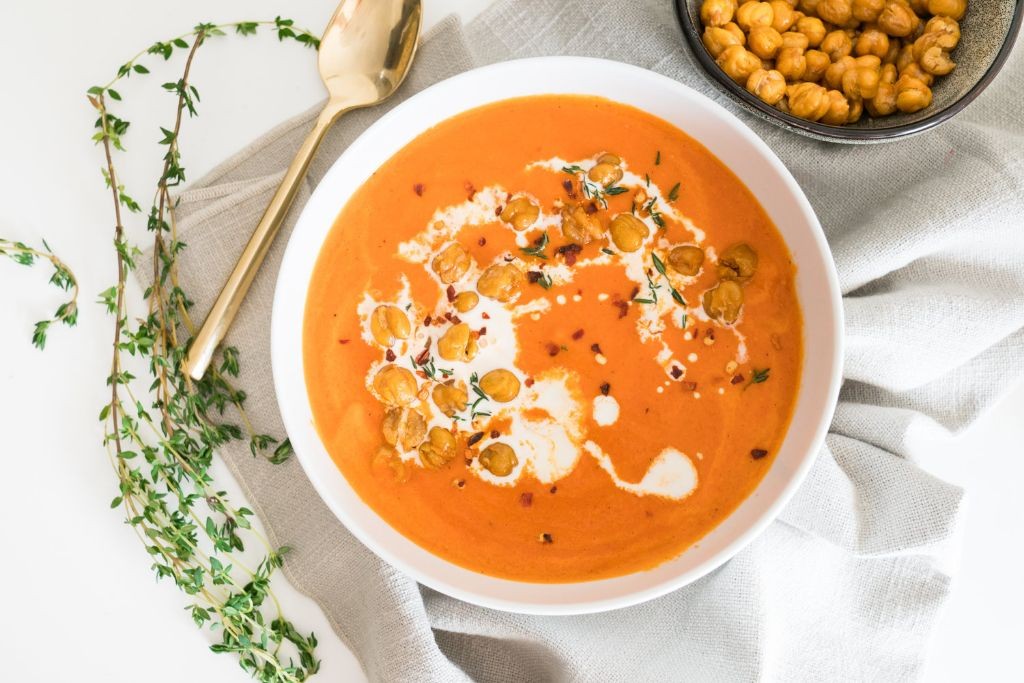Roasted Red Pepper Chickpea Soup with Croutons