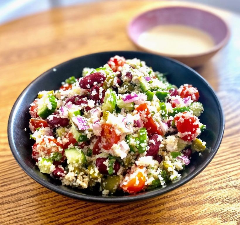 Spicy Bulgar Salad with Chickpeas and Tahini Dressing