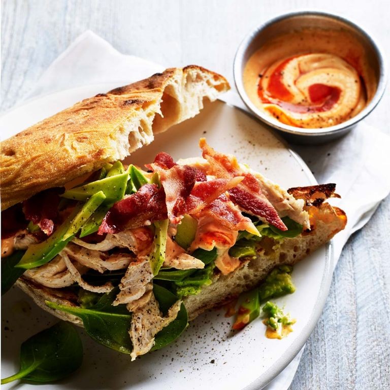 Spicy Sriracha Shredded Chicken Sandwich with Avocado