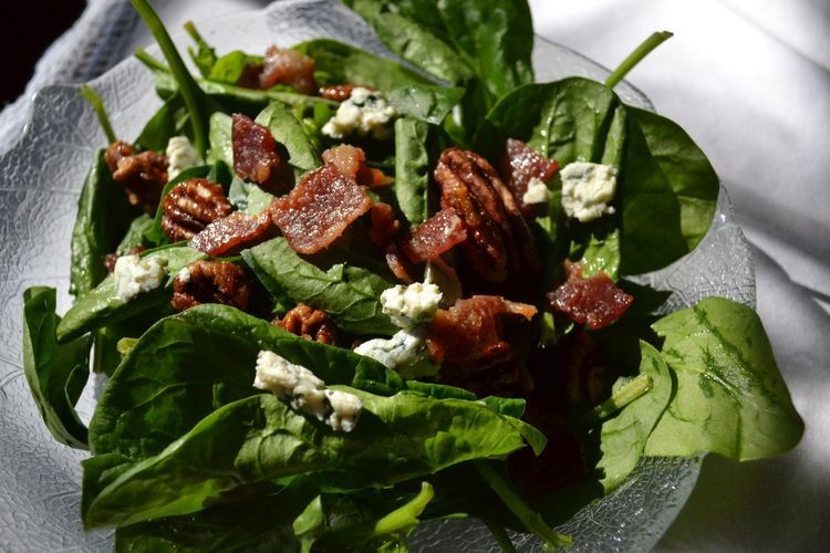 Spinach Salad with Bacon, Blue Cheese, and Candied Pecans