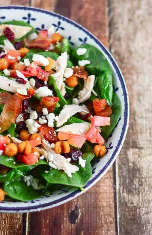 Spinach Salad with Bacon, Chickpeas, and Feta Cheese