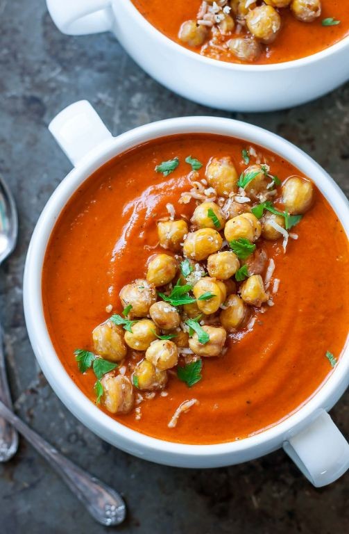 Tomato Basil Chickpea Soup with Parmesan Crisps