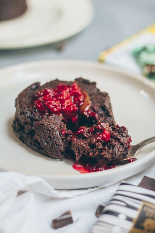 Vegan Chocolate Lava Cake with Raspberry Coulis