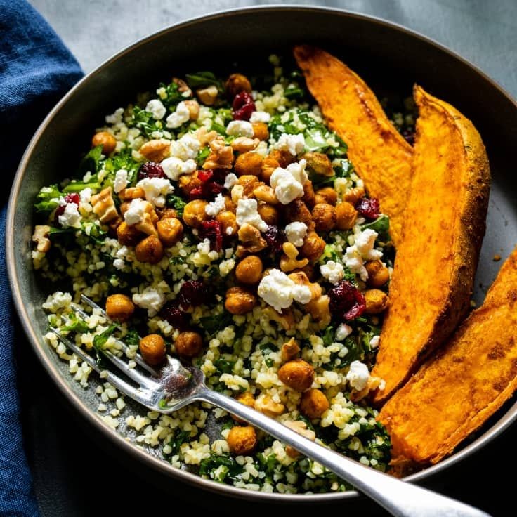 Warm Bulgar Salad with Roasted Sweet Potatoes and Kale