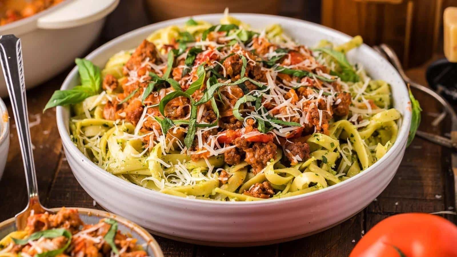 Pesto Fettuccini With Bolognese Sauce